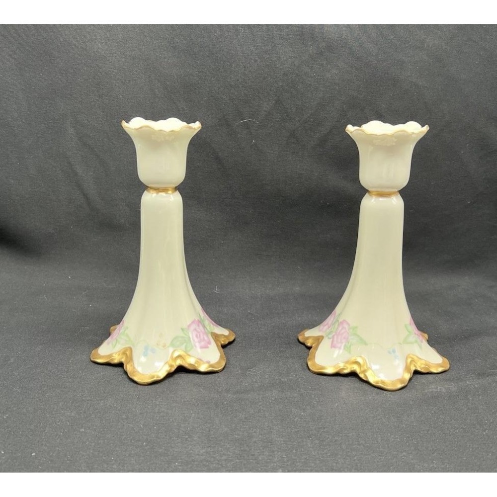 Haviland France Limoges Porcelain Candlestick Holders Pink Rose Gold Trim Set 2 - Picture 6 of 9